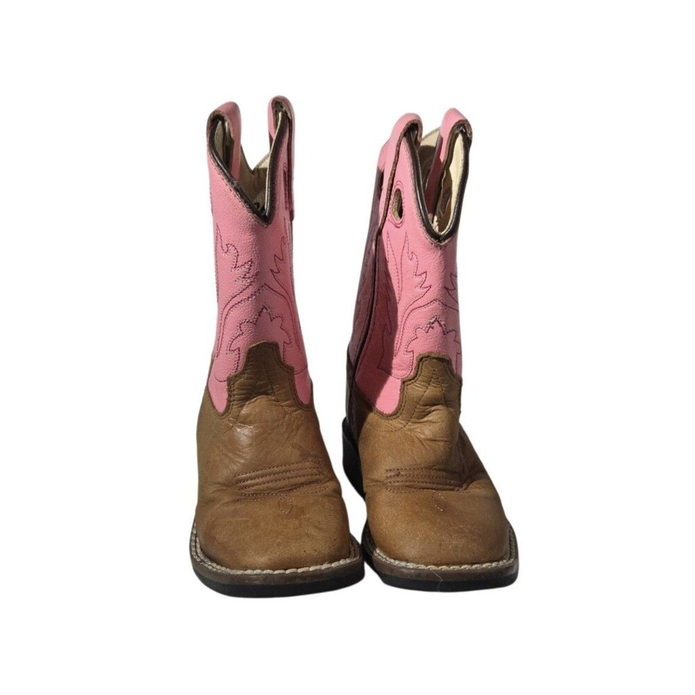 Old West Girls Tan & Pink Leather Cowgirl Boots – Size Toddler 6.5